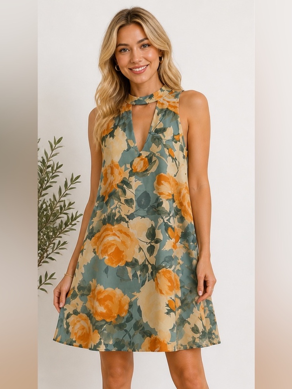 Lulus Floral A-Line Summer Dress in Teal and Peach